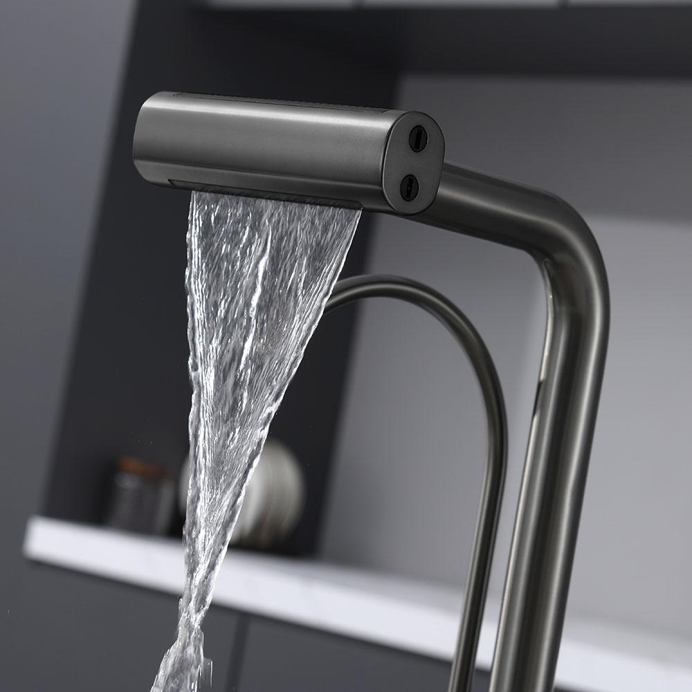 Waterfall Faucet Multi-functional 4 Mode Pure Hot Cold Water Kitchen Faucet Sprayer Sink Wash Tap 360° Rotation Gun Gray Brushed