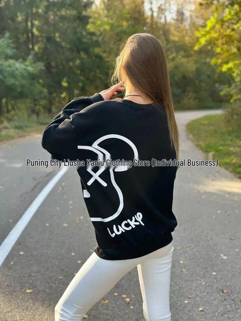 Cartoon Bear Print Hip Hop Pullover Hoodie – Versatile Round Neck for Autumn & Winter