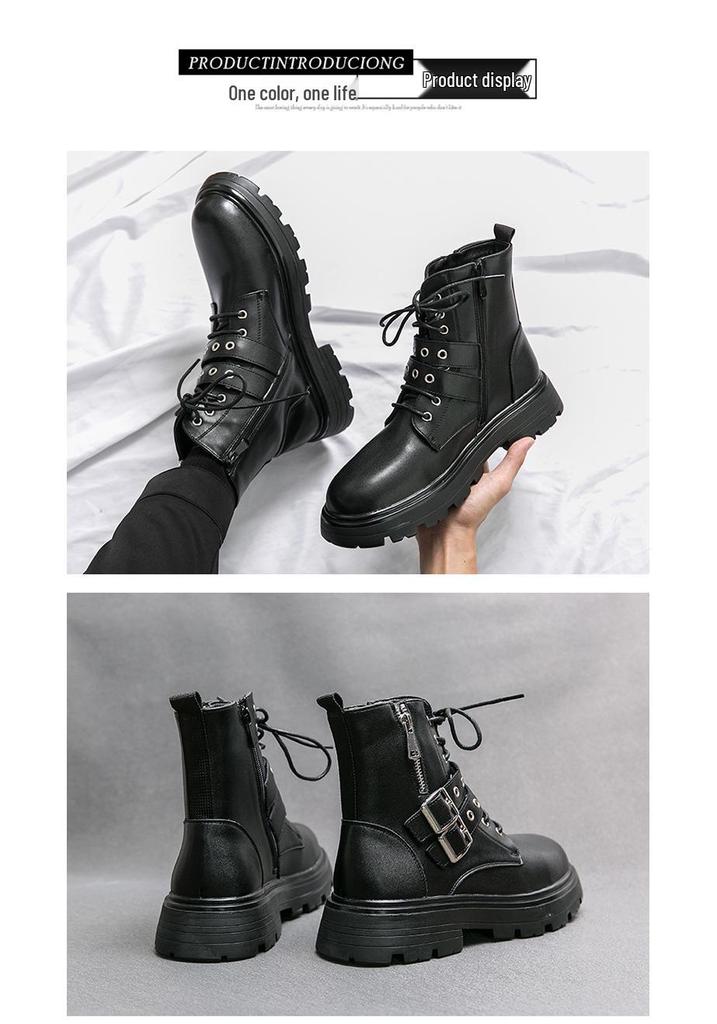 Men's Black Round Toe Ankle Boots with Cross Metal Buckle, Thick Sole, Side Zipper, and Knight Design.