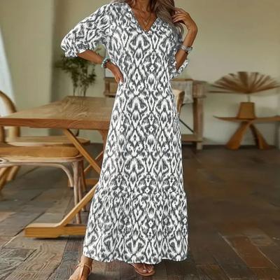 Women Spring Fall Dress V Neck Loose Half Sleeve Ankle Length Color Matching Print Patchwork Pullover A-line Big Swing Soft Lady Maxi Dress
