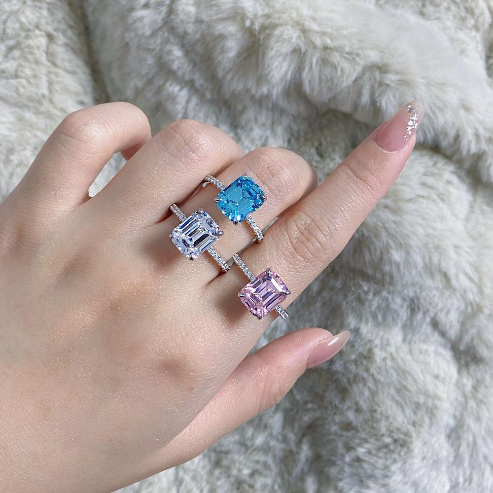Aquamarine Emerald-Cut Ring In 925 Sterling Silver with Pave Diamonds, Plated In PT950 Gold.