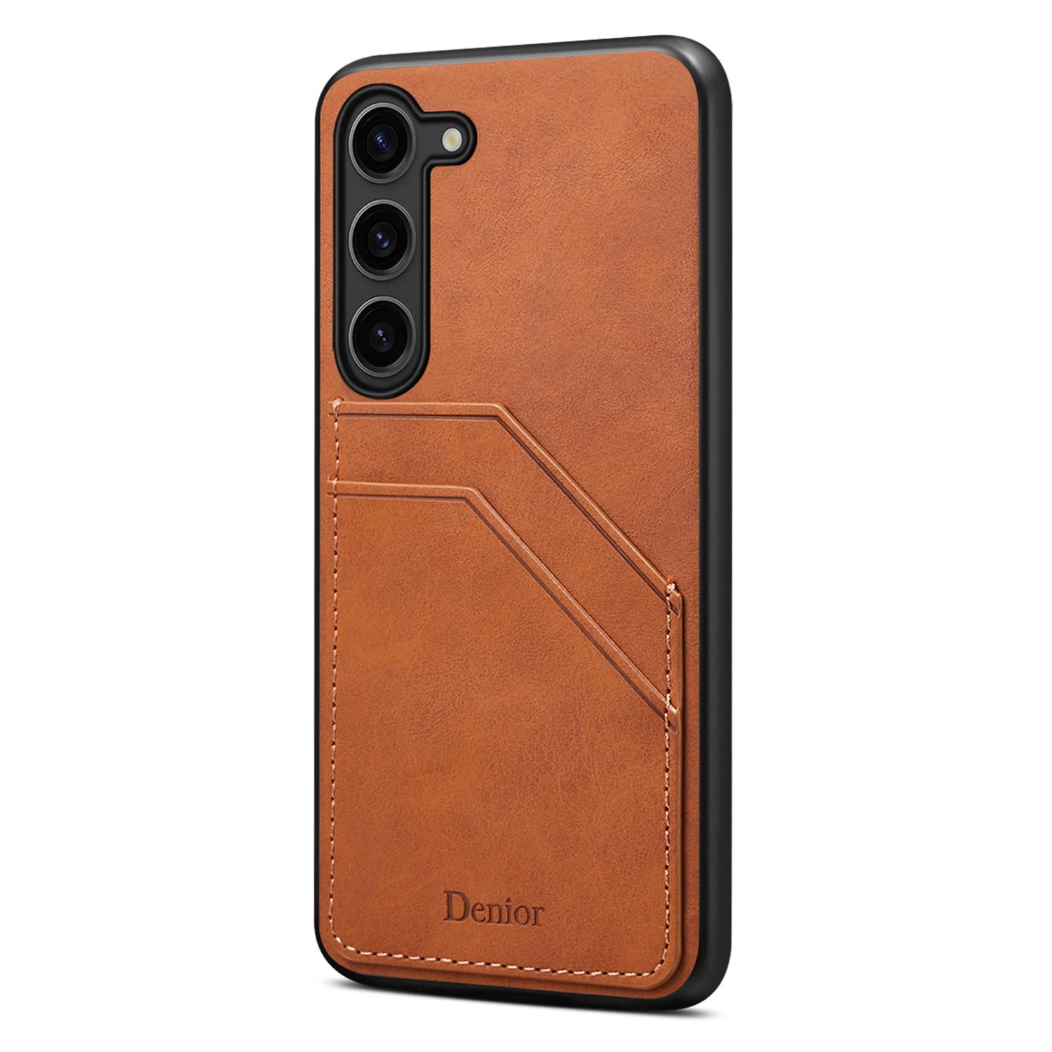 

For Samsung Galaxy S25 Case PU Leather Coated PC+TPU Phone Back Cover with Dual Card Slots Brown