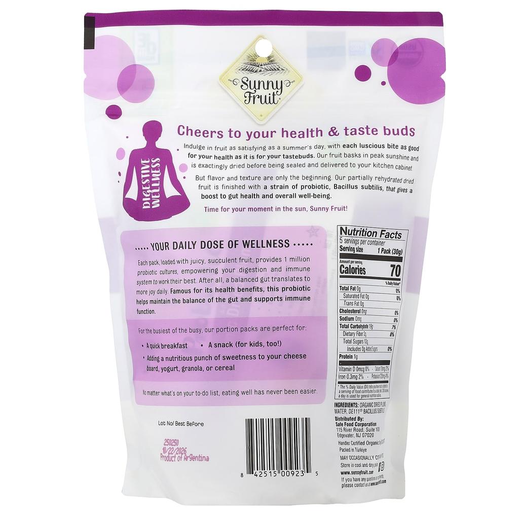 Sunny Fruit, Organic Dried Prunes with Probiotics, 5 Packets, 30g (1.06oz) Each