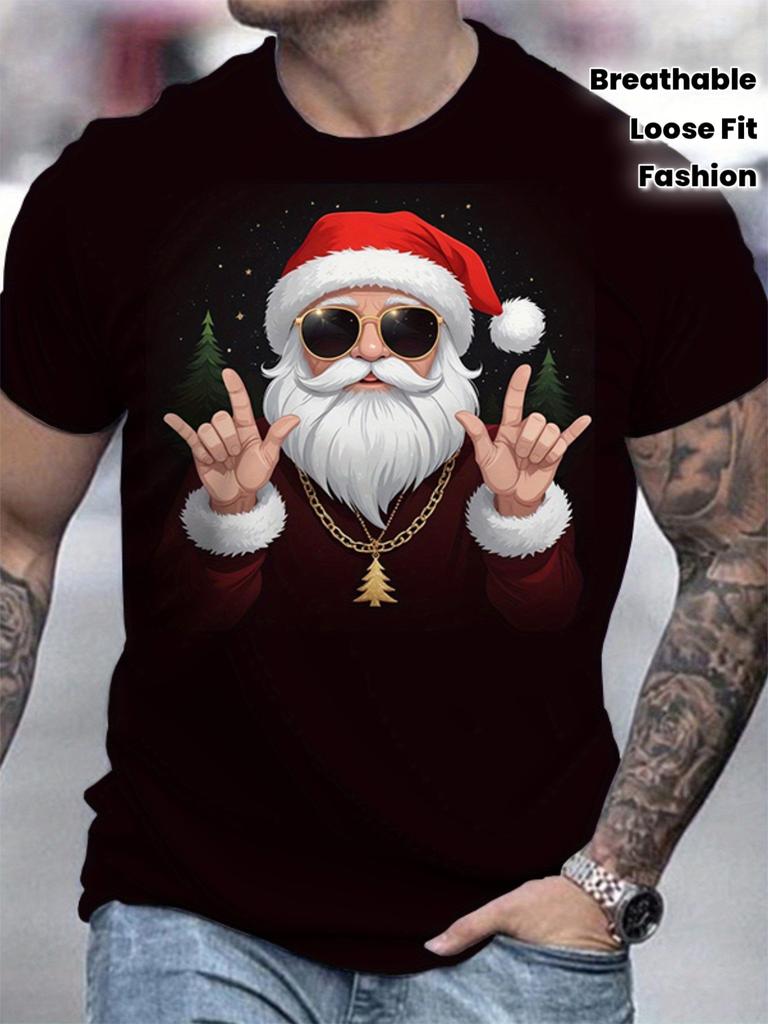 Men Rock Roll Santa Claus Print T‑Shirt Sunglasses Gold Chain Loose Short Sleeve Tops, Christmas Party Casual Tee, Holiday Gift for Dad