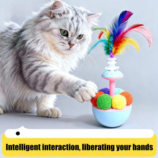 Wobbling Cat Toy Interactive Cat Teaser with Feathers Plush Balls Cat Enrichment Toy for Indoor Kittens Stimulates Hunting Instinct