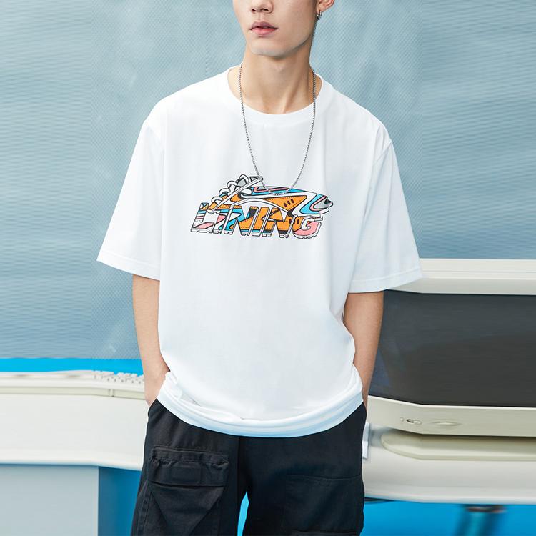 Li-Ning Sports Fashion Series Logo Print Round Neck Short Sleeve T-Shirt Unisex Tops White AHSR550-1