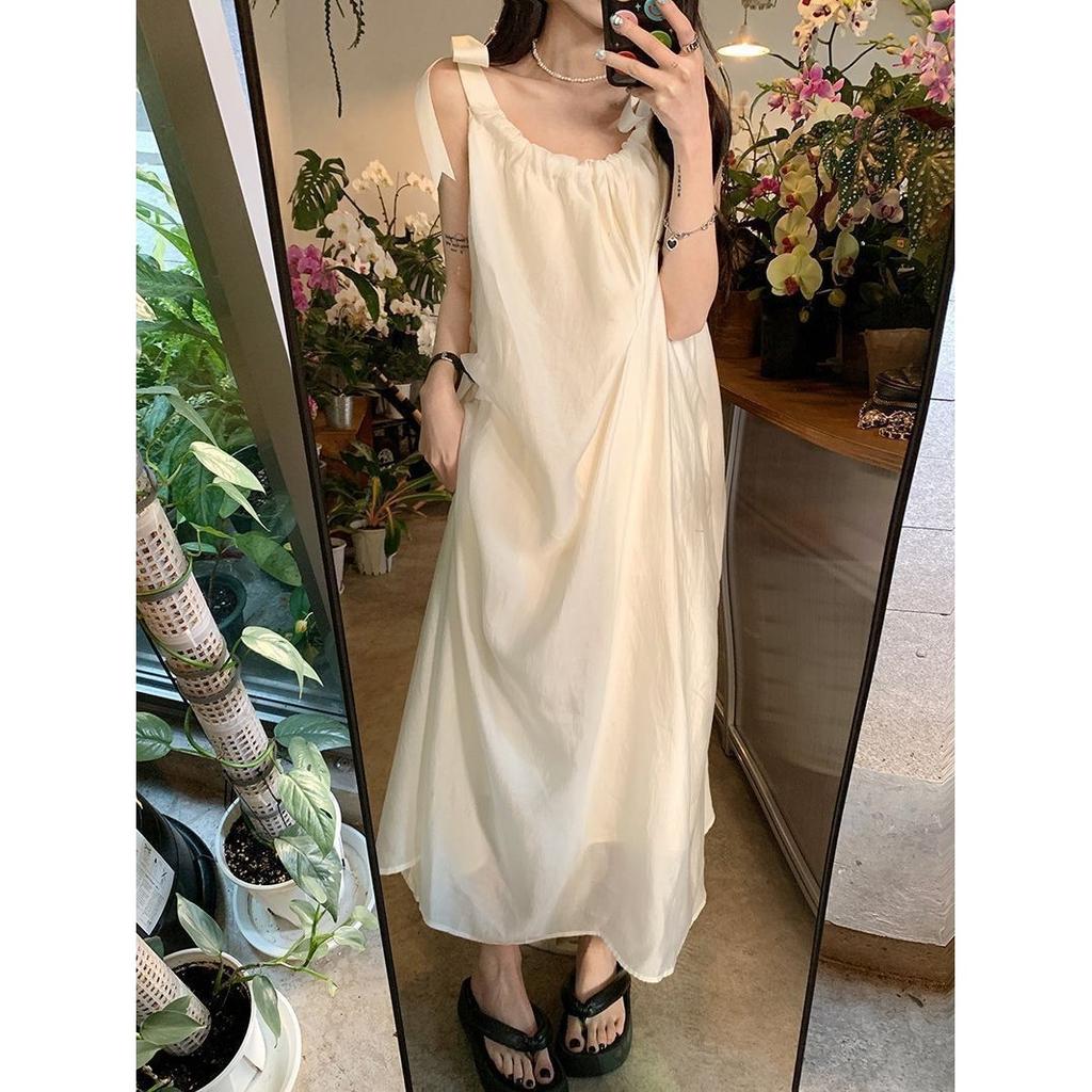 Strap Neck Dress Fairy Summer Vacation Style Casual Skirt Lazy Style Temperament Off-the-shoulder Sleeveless Long Dress