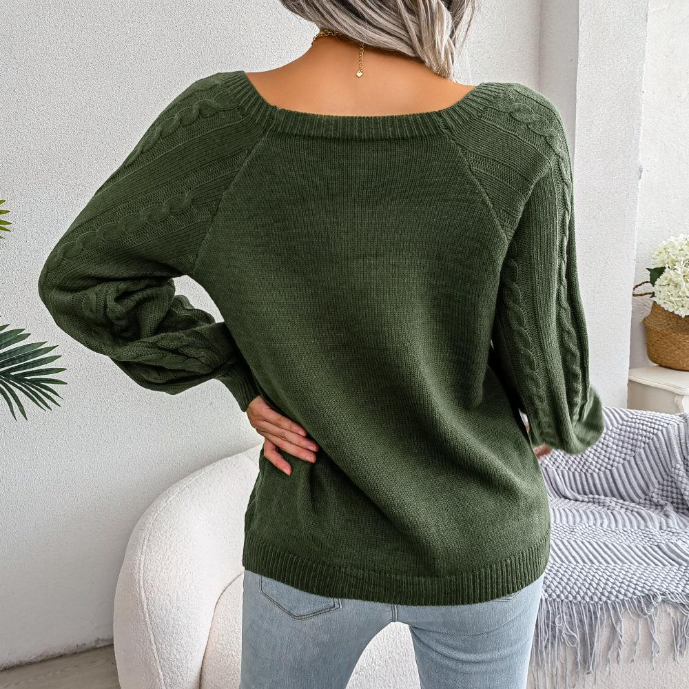 Women's Autumn and Winter Casual Square Collar Nail Buckle Twist Knitted Jumper