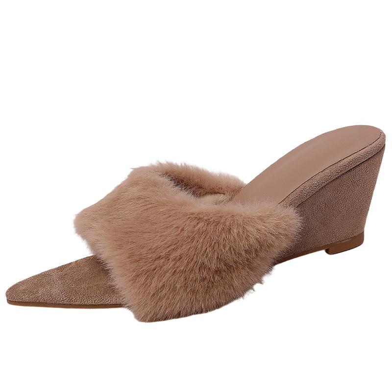 Pointed Suede Versatile Fluffy Slippers Outer Wear Autumn and Winter Fashion To Increase Temperament Girls Slope Heel One-word Trend