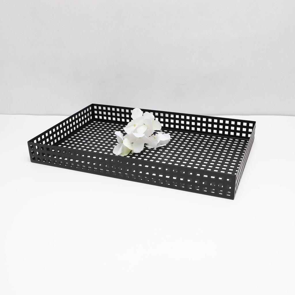 Metal Handicrafts Square Grid Tea Tray Storage Pallet Geometric Hollowed-out Plate Fruit Plate Desktop Storage Container