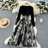 French Style Velour Luxury Dress V Neck Long Sleeve Sashes Splice Jacquard Autumn Women Floral Print  Party Maxi Dress