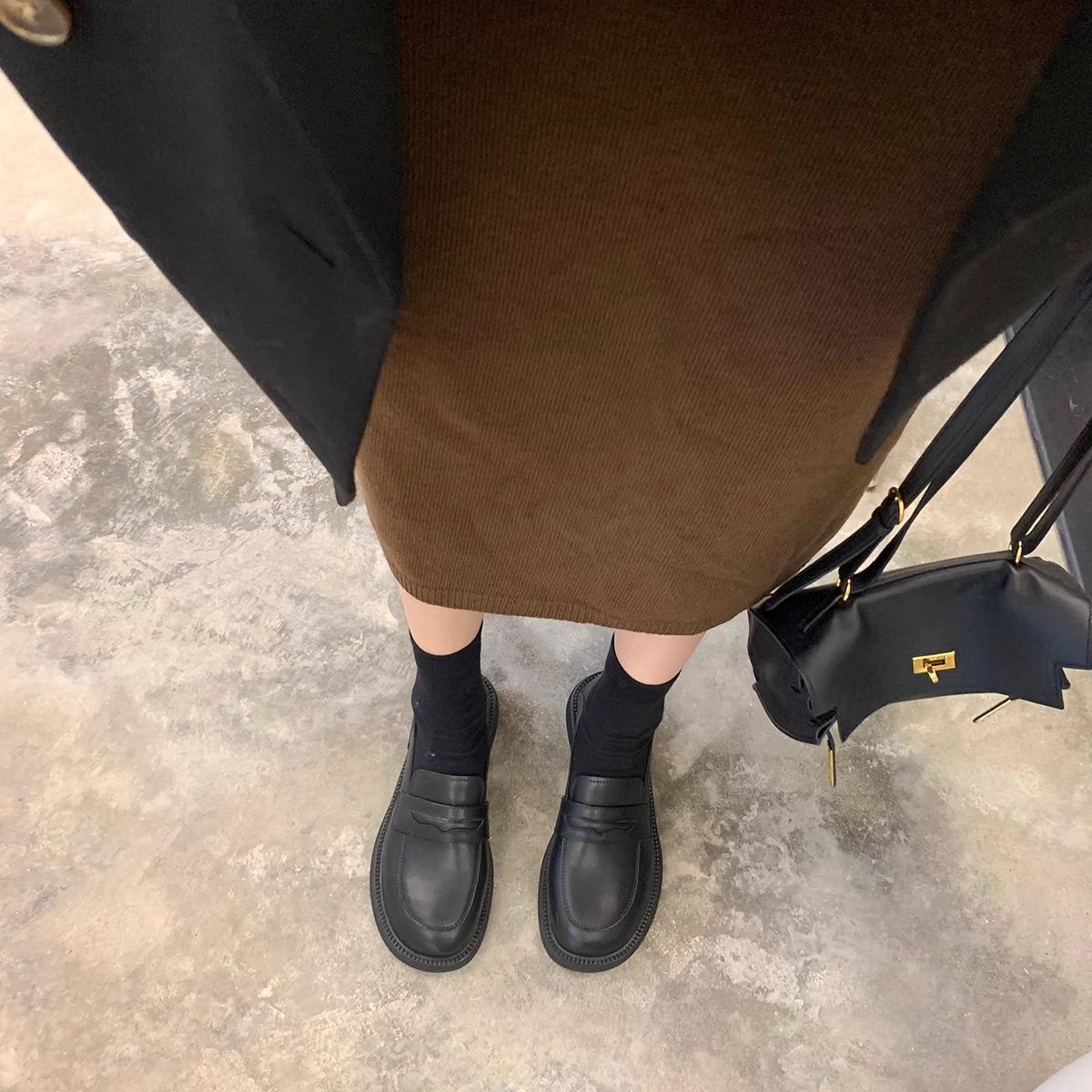 

Premium cowhide version platform small leather shoes spring and autumn thick heels 35