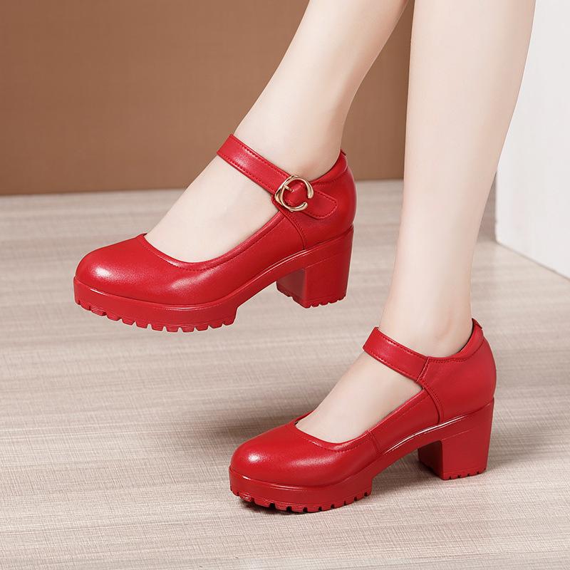 Women's High Heel Shoes Genuine Leather Pumps Platform Mary Jane Shoes Women Office Work Shoe Women's Wedding Shoes 32-43