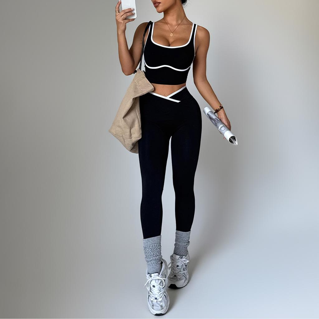 Women Black White Color Block Sports Bra High Waist Leggings Workout Set Activewear Yoga Set