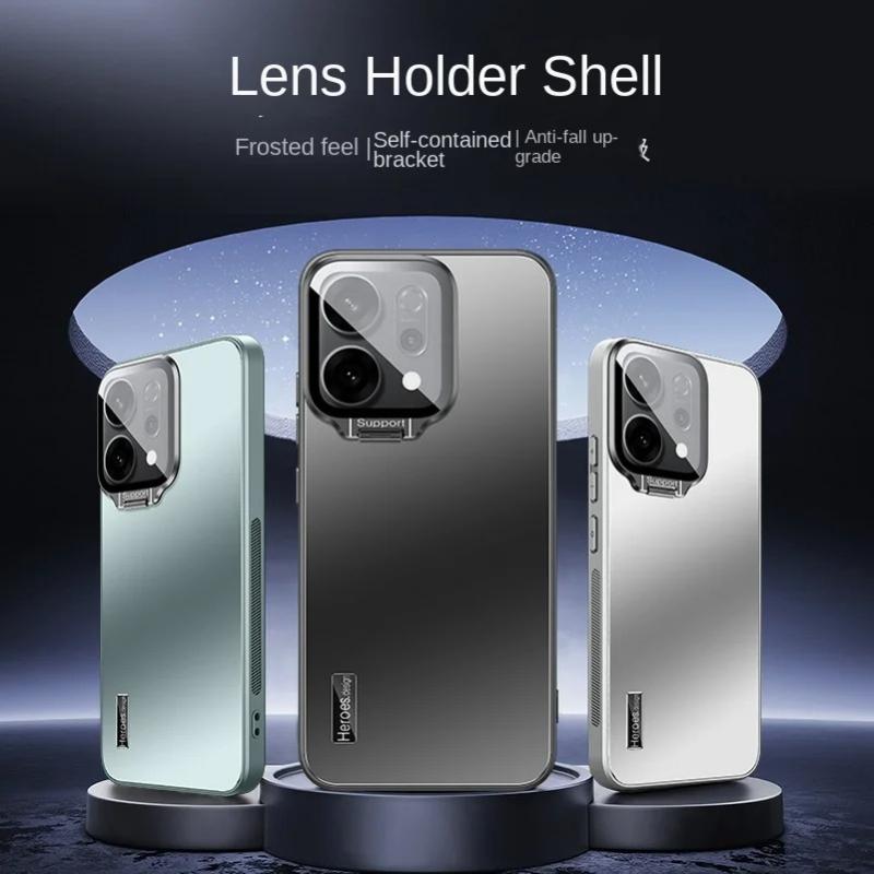 Matte Shockproof Bracket Phone Case For OPPO Reno 14 Pro Metal Lens Camera Protection Holder Stand Back Cover For Reno 14Pro