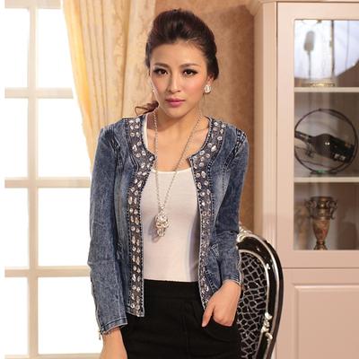 Vintage Jeans Women Autumn/Winter Rhinestone Jacket Tops Punk Female Washed Denim Jackets Coats