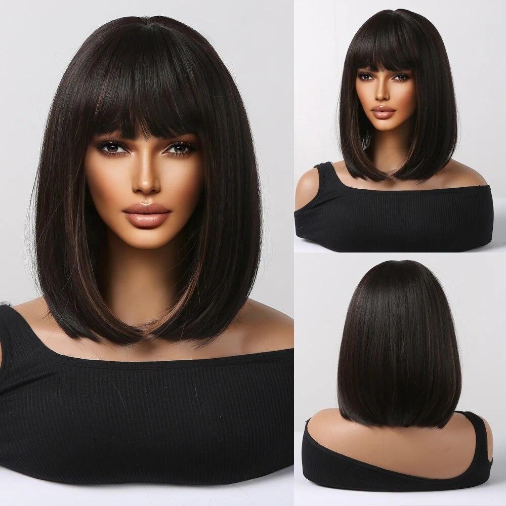 Purple Pink Ombre Black Short Straight Synthetic Wigs with Bangs Bob Wig for Women Daily Cosplay Party Heat Resistant Fake Hairs