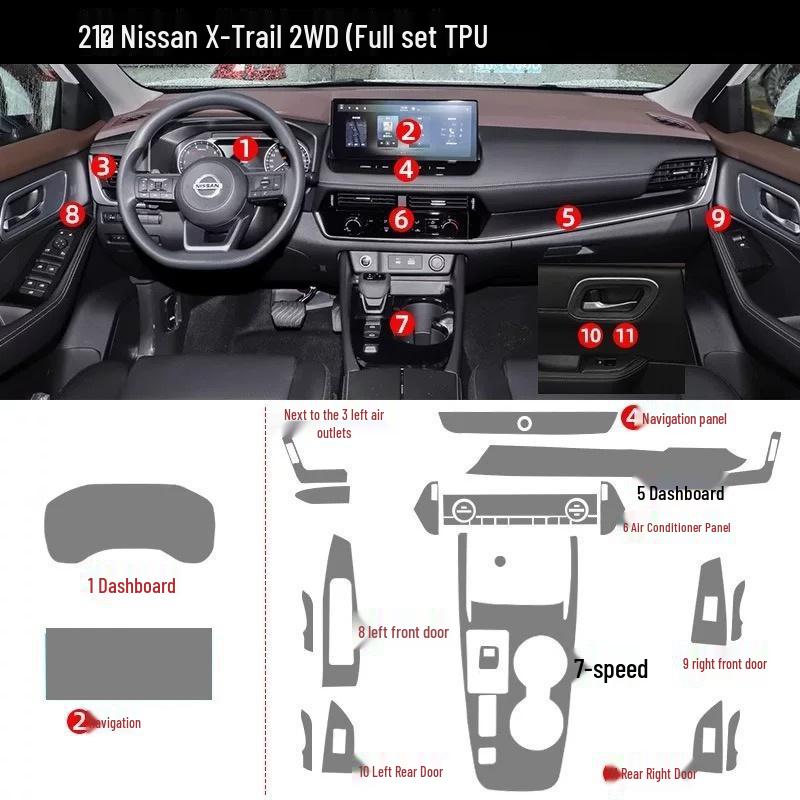 Nissan X-Trail Interior & Exterior Protective Film Set - Navigation, Console, Gear Shift, Screen, B-Pillar, Headlight (TPU)