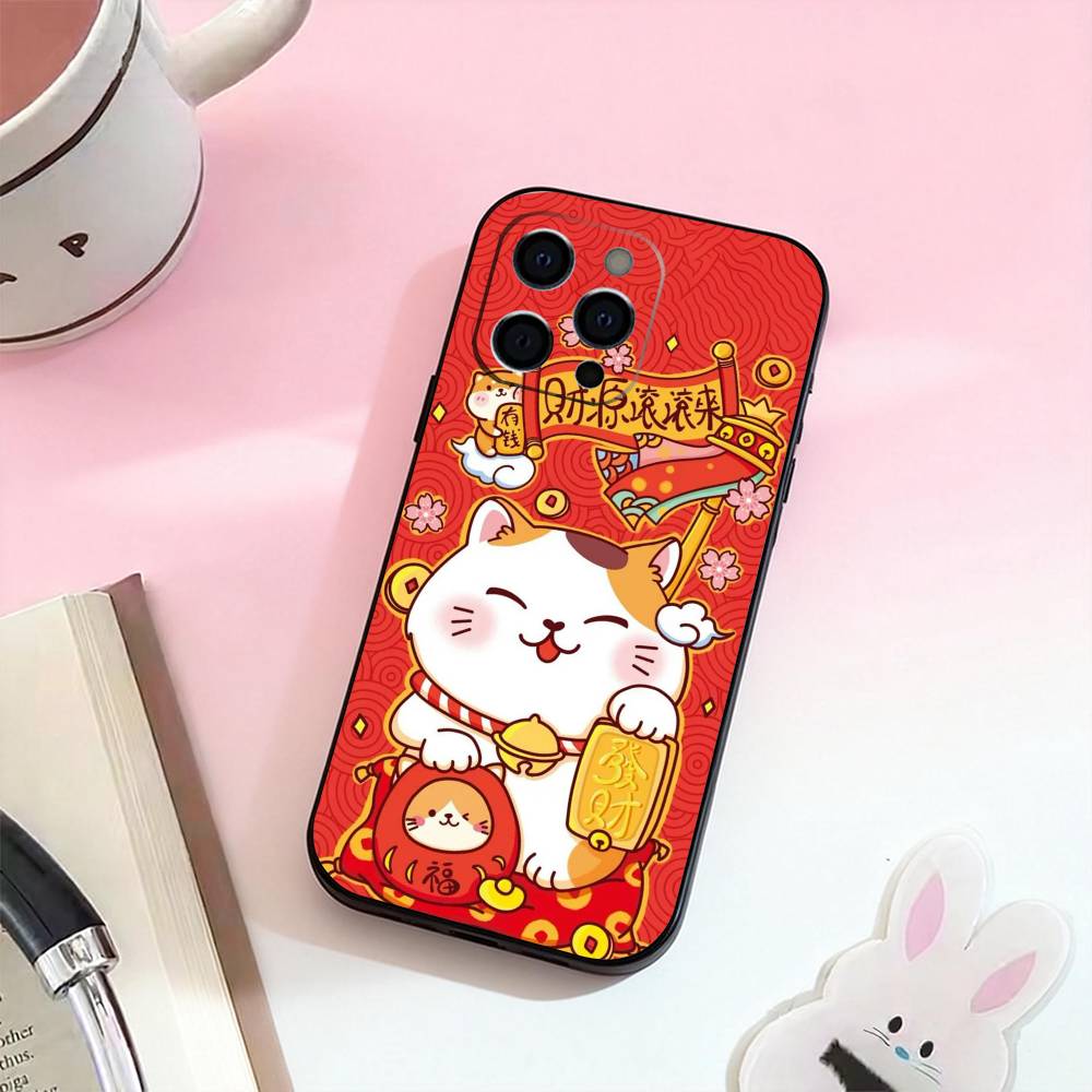 

Счастливый Кот с Деньгами Чехол для Телефона для iPhone 17,16,15,14,13,12,11 Plus,Pro Max,Мягкий Силиконовый Черный Чехол iPhone15