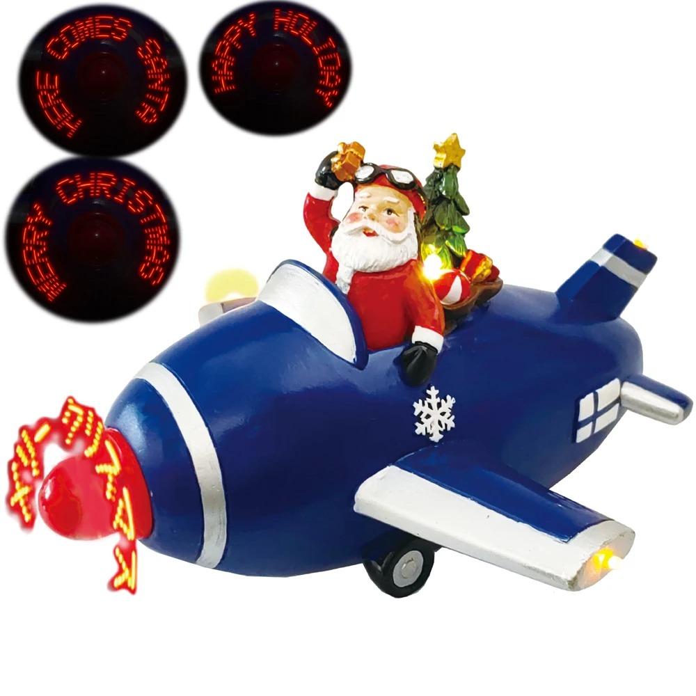 

Украшения из смолы для рождественской деревни, самолет Санта-Клауса с вращающейся светодиодной рождественской сценой, коллекционная фигурка-здание, домашний декор