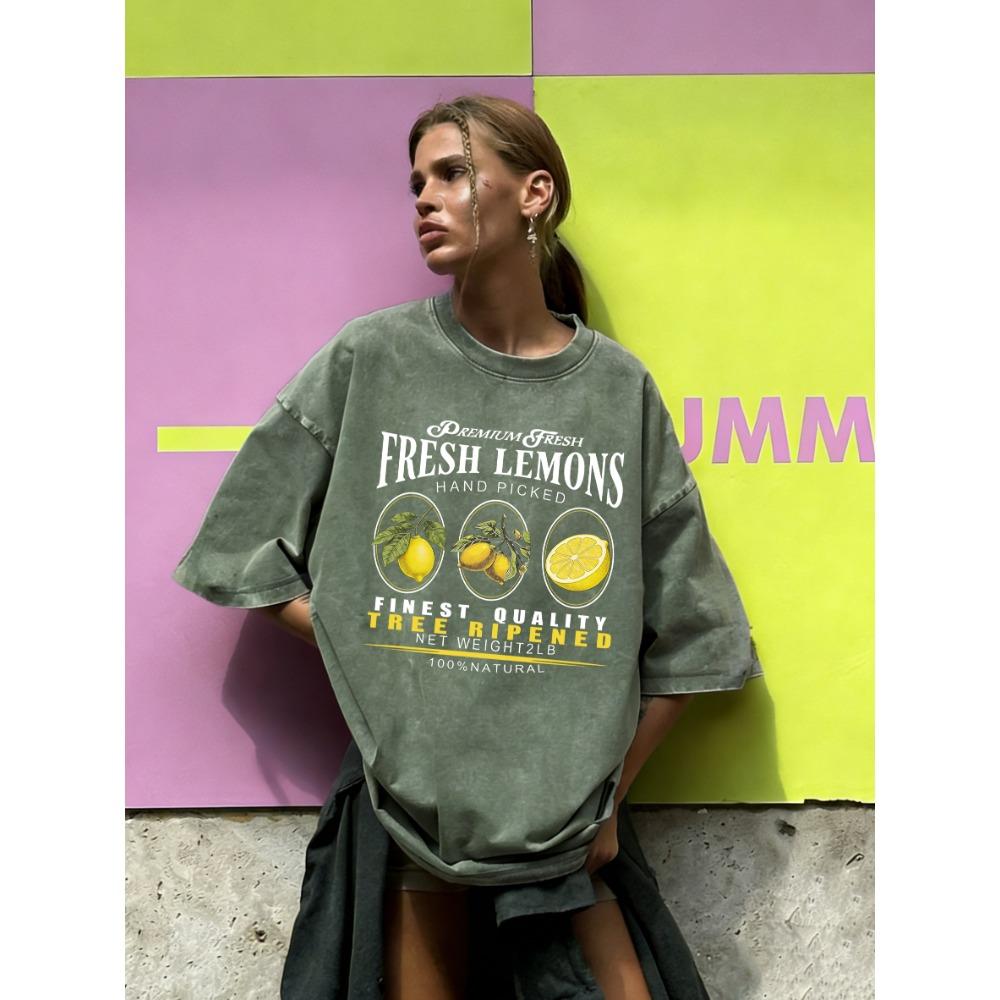 Fresh Natural Lemons Tree Ripened Print Washed T Shirt Women Summer Clothes O-Neck Short Sleeve Cotton