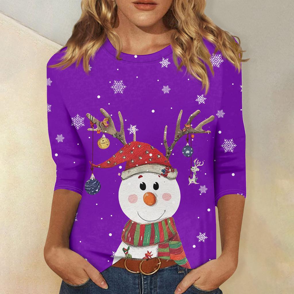 3/4 Sleeve Shirts For Women Print Christmas Tees Blouses Casual Plus Size Basic Tops Pullover