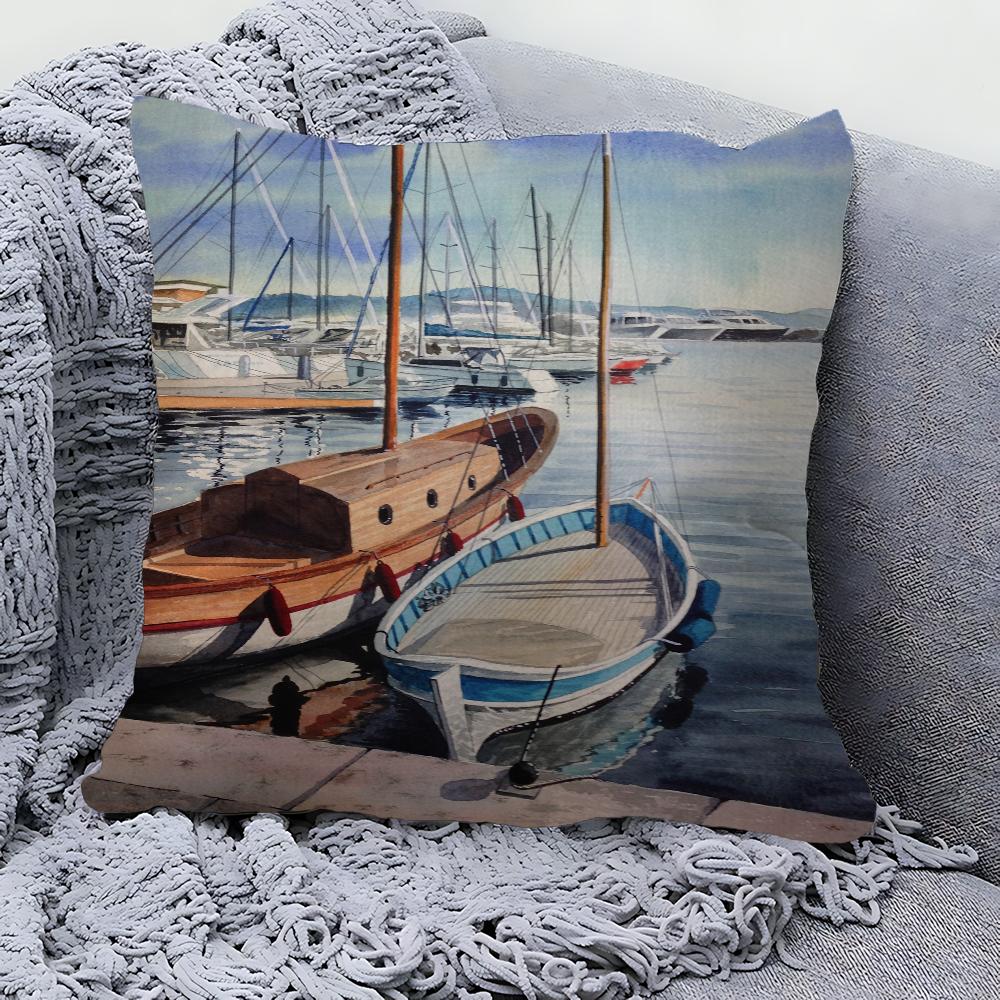 Boat Bay Beach Canvas Painting Pillow Gift Home Office Decoration Pillow Bedroom Sofa Car Cushion CoverPillow Case