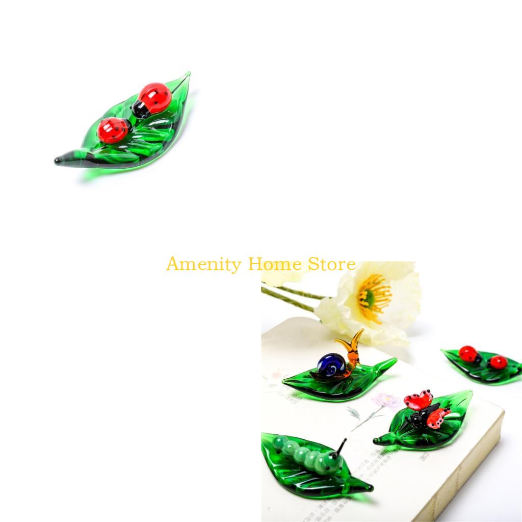 F26C Art Glass Insect Miniature Animals Collection Glass Green Leaf Ladybugs Ants Figurine Tabletop Ornament Home Office Decors