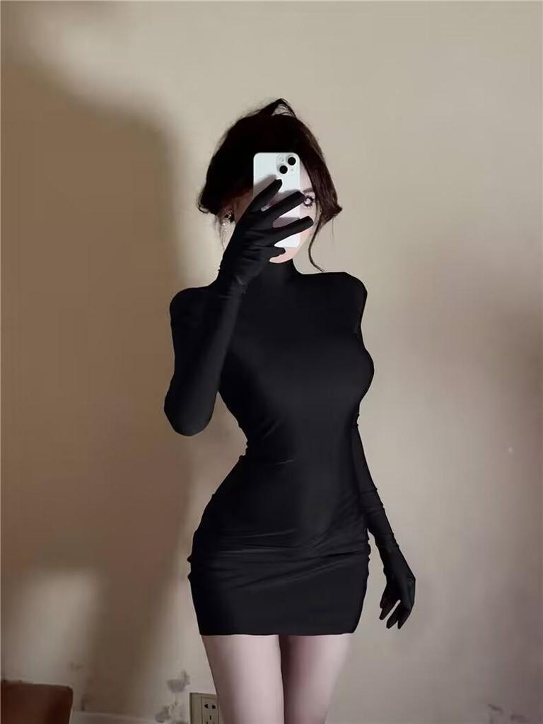 Solide Langarm Mit Handschuhe Mini Kleid Bodycon Sexy Streetwear Party Halb Rollkragen Outfits Y2K Kleidung Großhandel