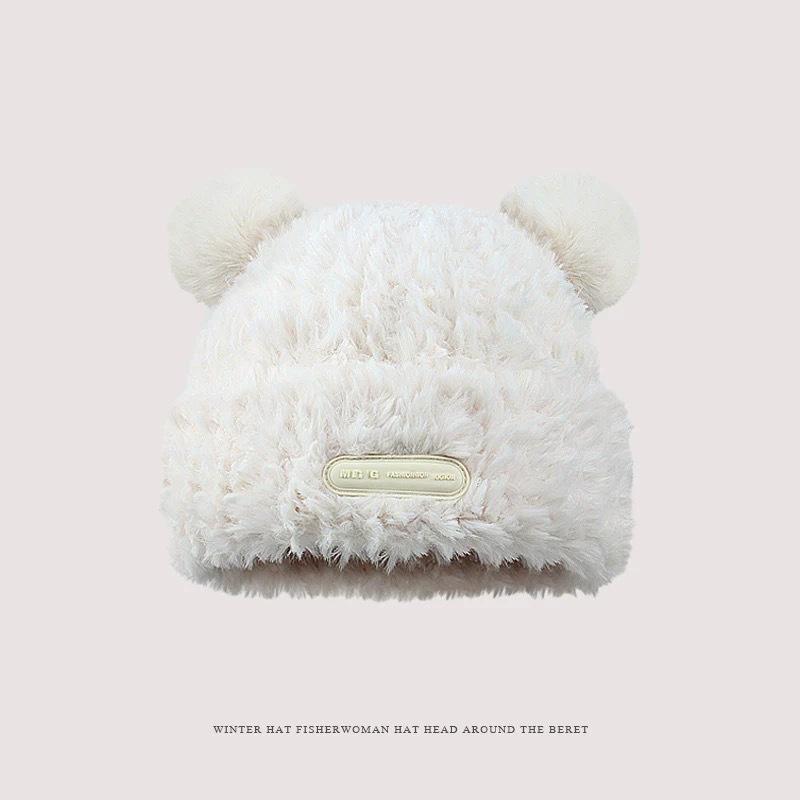 2025 Winter Cute Plush Earflap Knitted Bear Hat for Women - Korean Style Woolen Hat