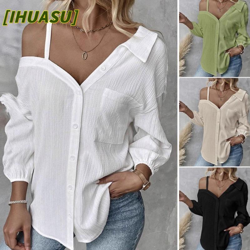 IHUASU Women's Fashion Casual Solid Color Print Long Sleeve Blouses & Shirts International Design