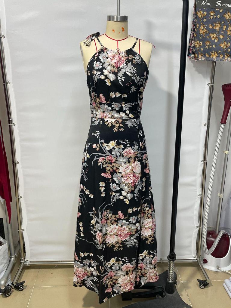 2025 Spring/Summer Floral Print Slit Halter Neck Dress - European & American Style