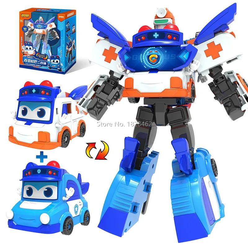 Robot Transformabil 2 ÎN 1 GGBOND Gogo Bus în Mașină Figurine de Acțiune Deformare Ambulanță/Poliție/Pompier Jucării cu Alunecare pentru Copii Cadou