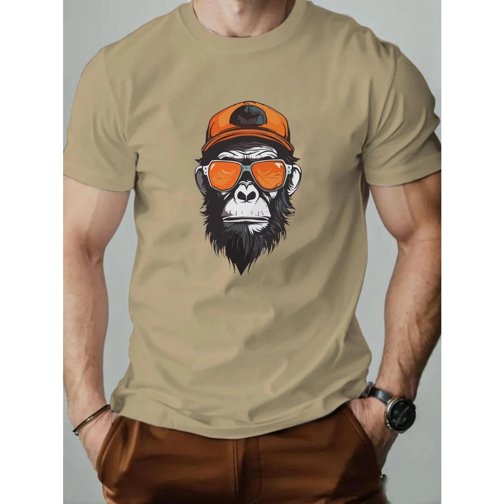 Men's Summer 100% Pure Cotton Fashionable Casual Sports Loose Monkey Pattern Printed Round Neck Short Sleeved T-shirts