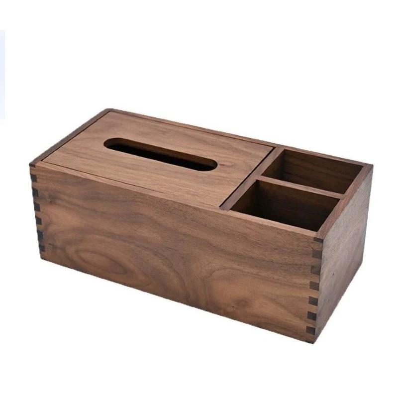 Black Walnut Multifunctional Tissue Box, Living Room Solid Wood Desktop Storage Supplies, Remote Control Storage Tissue Holder