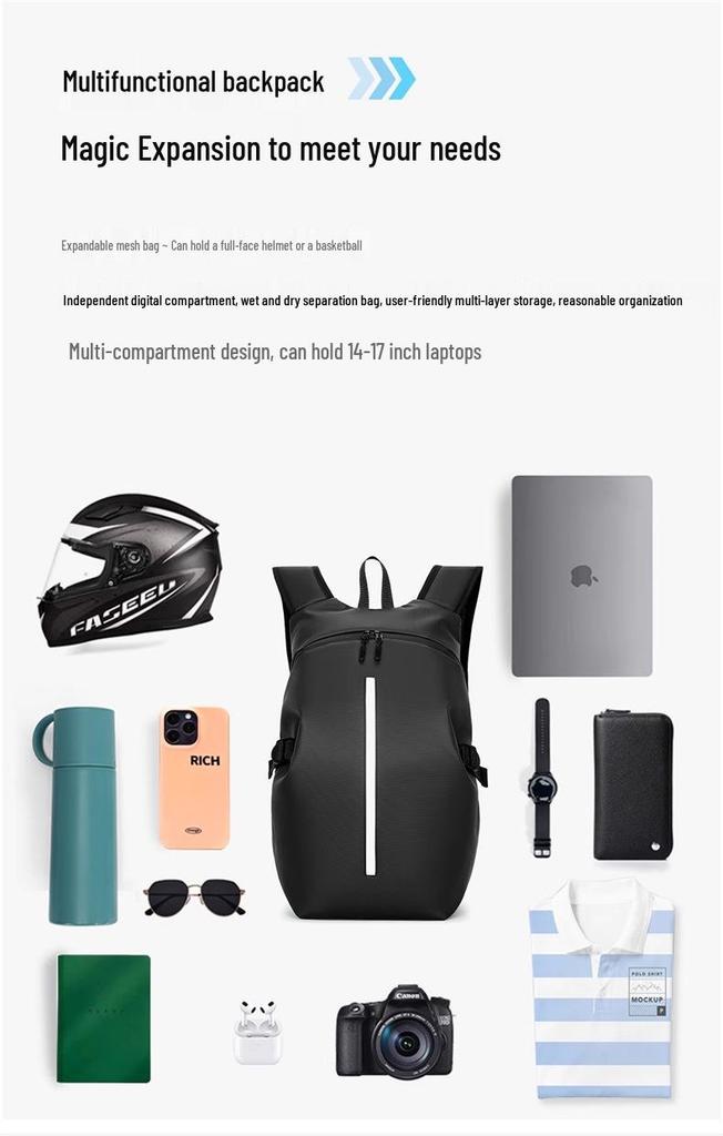 Water-Repellent Leather Motorcycle Backpack with Reflective Strips and Large Capacity