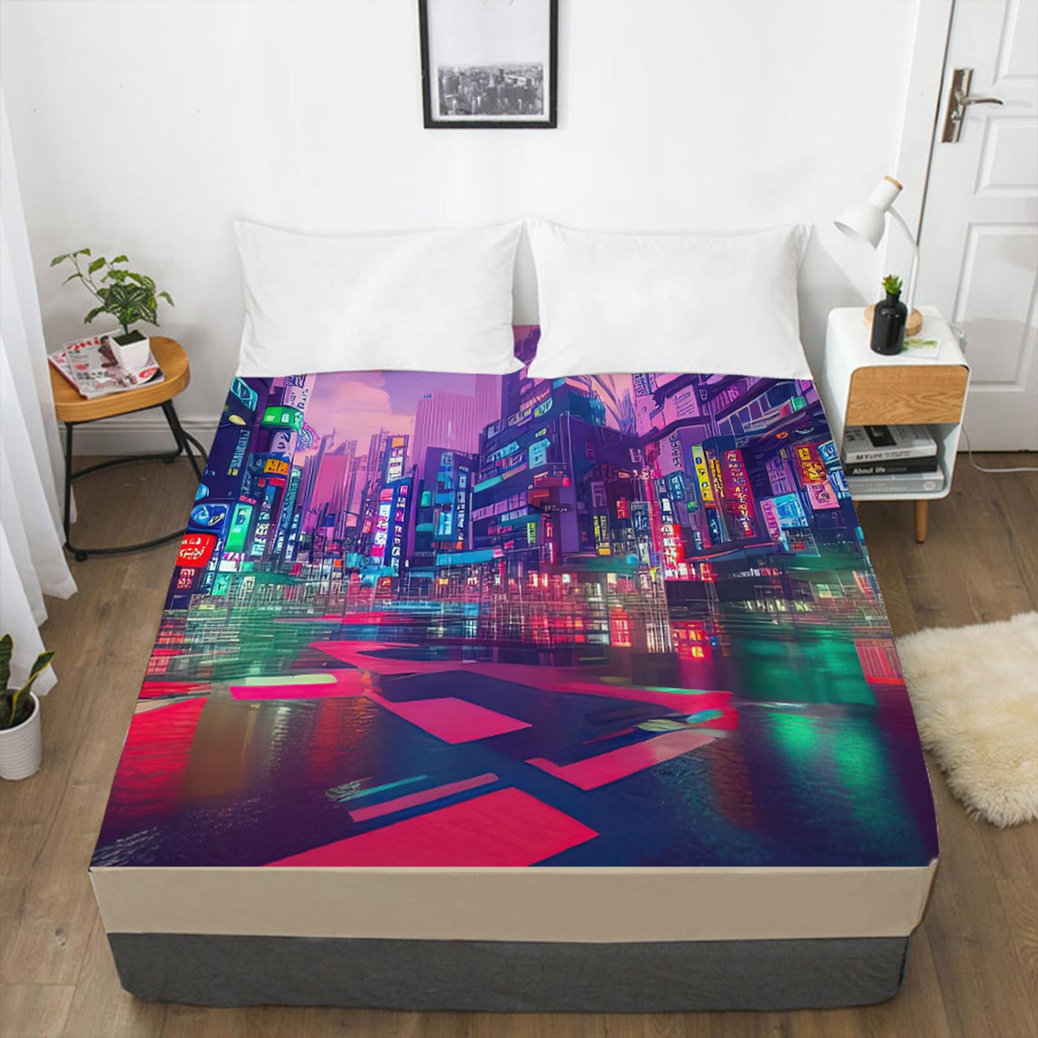 

Домашний текстиль Простыня на резинке с узором «Городская ночь» Чехол для матраса с 3D-принтом Простыня с эластичной резинкой Постельное белье Отдельный предмет 120x200 3pcs