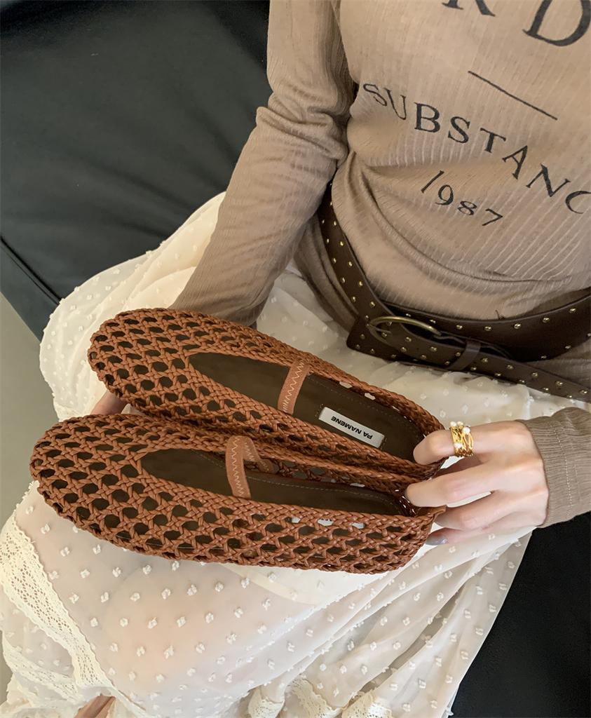 Leather Version~ Round Head Hollow Woven Retro Flat Shoes Women's Sandals One-word Fishing Net Shoes Breathable Shallow Mouth Single Shoes