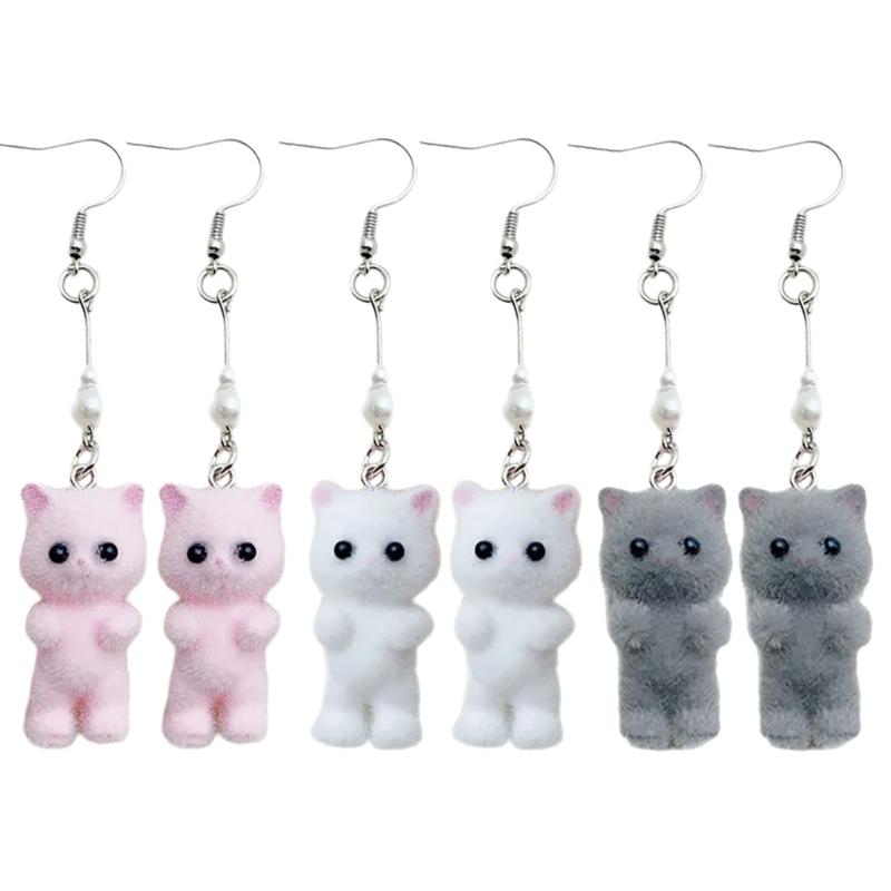 Unique Flocking Animal Earrings Cartoon Cats Shaped Ear Rings Ornament Women Girls Accessory Stylish Party Accessories