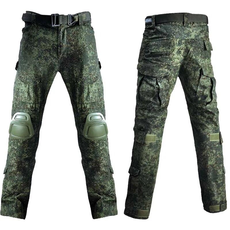 Russian camo jogger outdoor torn cargo pants + padded hiking clothing combat street wear men's pants