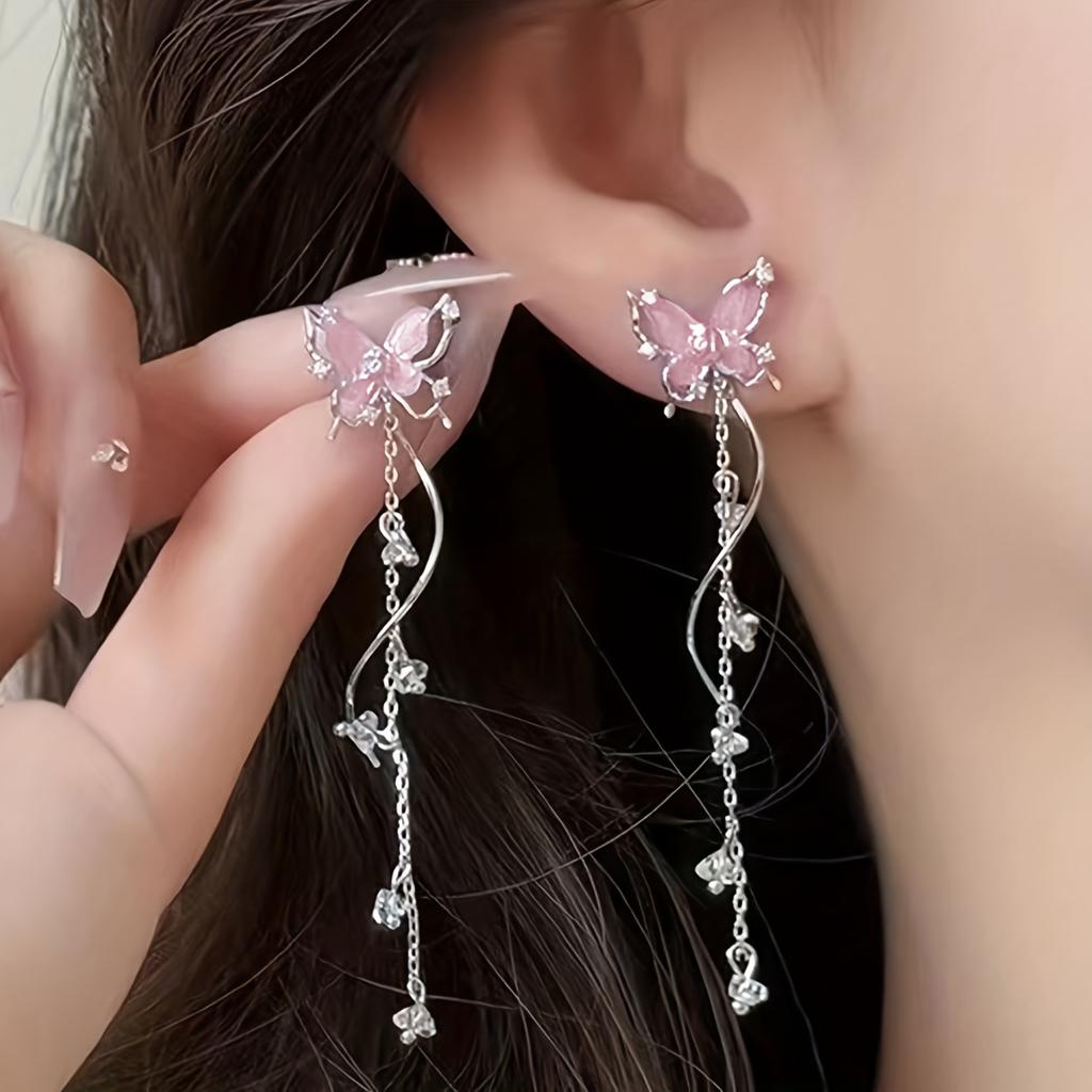 1Pair of Fashionable and Exquisite Butterfly Chain Tassel Sparkling Earrings Pendant, Suitable for Women, Perfect for Birthday Parties