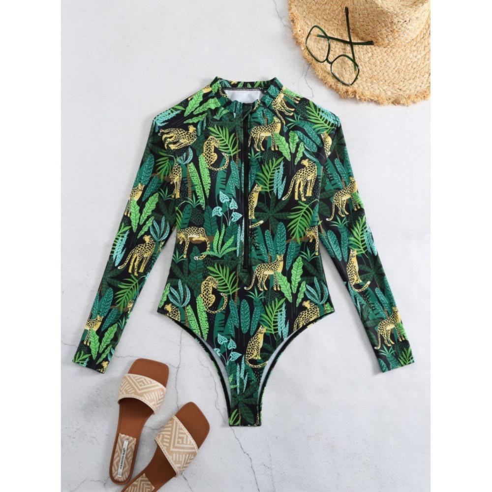 European and American One-piece Swimwear Zipper Bikini Slim Printing Sexy Long-sleeved Swimsuit