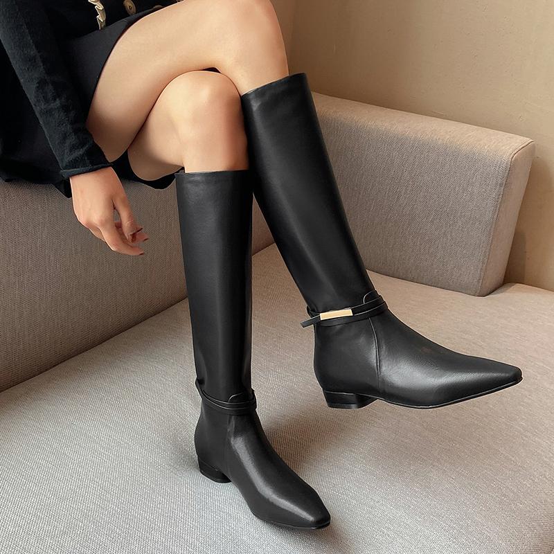 Neue Britische Schlupfstiefel Damen Spitzzehe Niedrige Blockabsätze Kniehohe Stiefel Spaltleder Lässige Herbst Winterschuhe