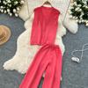 Summer Women Knitted Sweater Tracksuit Sleeveless Big Gold Button Tank Vest Tops and Wide Leg Pant Two Piece Set