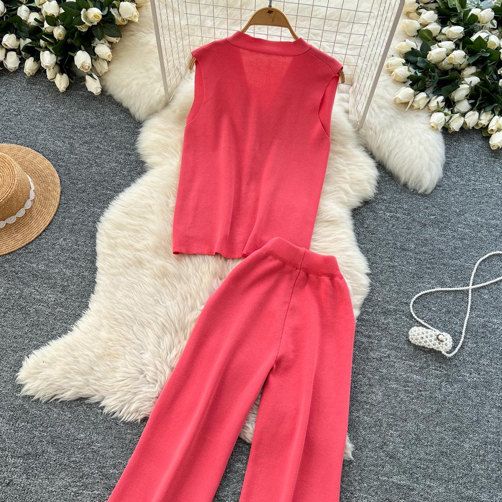 Summer Women Knitted Sweater Tracksuit Sleeveless Big Gold Button Tank Vest Tops and Wide Leg Pant Two Piece Set