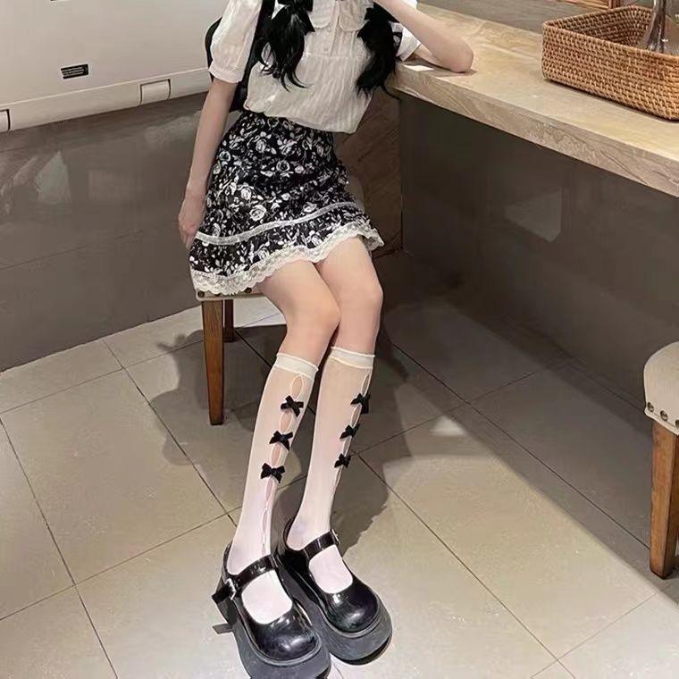 Chaussettes mi-mollet Lolita style japonais à nœud papillon | Dentelle ajourée Pure Désir - Été fin & Polyvalent JK