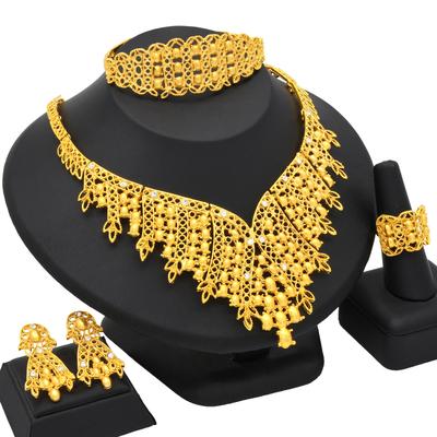 2026 Four-piece India Dubai Sand Gold Jewelry Necklace Bracelet Ring Earrings Bridal Wedding Jewelry