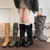 Black leather buckle stack knight boots women's new medium tube flat bottom western boots retro old design boots