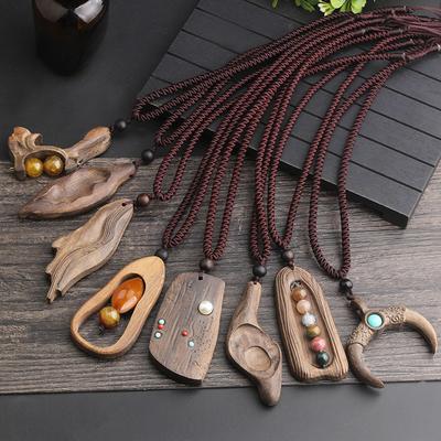 Vintage Long Sweater Chain Necklace Women's Ethnic Simple Sandalwood Handmade Wooden Pendants Clothing Accessories