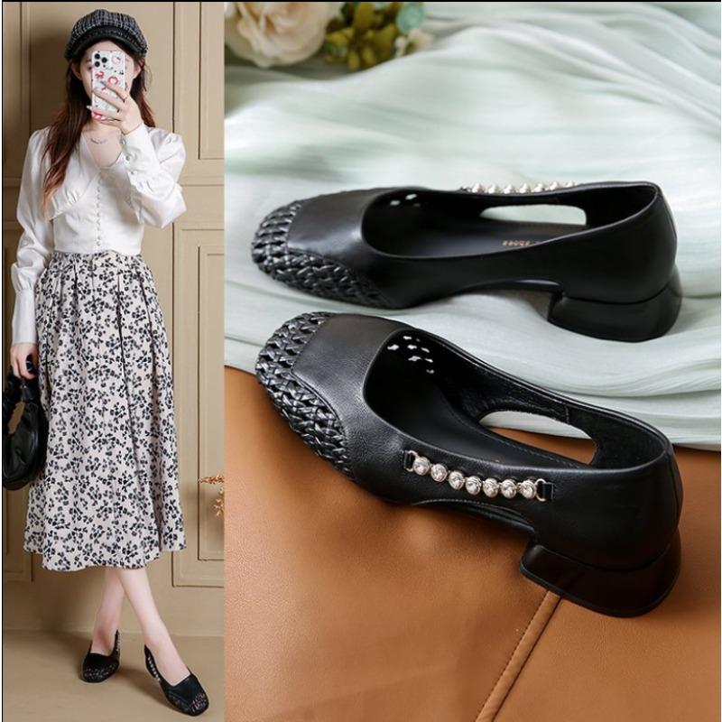 Fashion 2025High-end Summer Breathable Woven Single Shoes Cut-out Shallow Rhinestone Block Heel Women's Shoes
